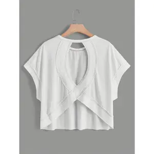 Women’s Solid Color Casual Cropped T-Shirt — Cutout Design, Crew Neck, Batwing Sleeves, Minimalist Streetwear Style, White Fabric, Comfortable Basic Tee
