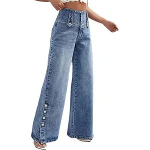 Women’s high-waisted vintage-washed wide-leg jeans with a side buckle detail, comfortable fit, four-season street style denim trousers — women’s long pants, size runs small