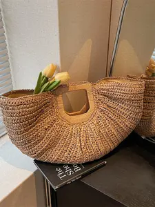 Large Capacity Handbag, Woven Straw Bag Open Top Round Shape, Ideal Travel Vacation Choice, Fashion Women Beach Accessory, Everyday Bags
