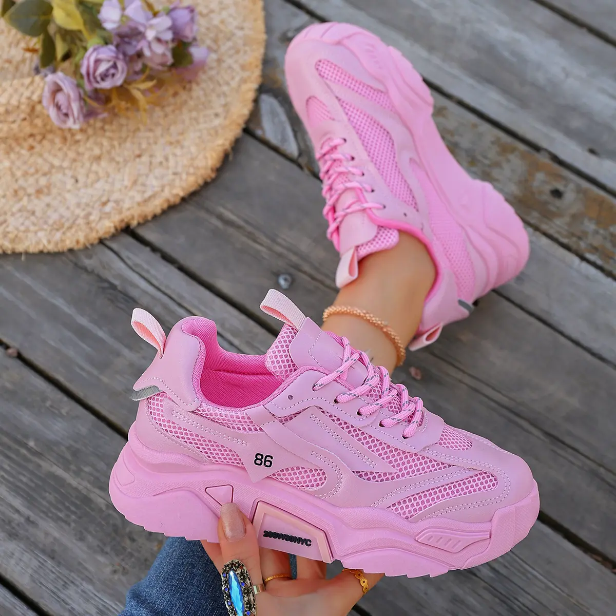 Women's Fashionable Sporty Thick Sole Low-Top Shoes, Fashion Casual Breathable mesh Round Toe Lace-Up Shoes, Fashionable Outdoor Running Shoes for Spring & Fall, Outdoor Walking shoes