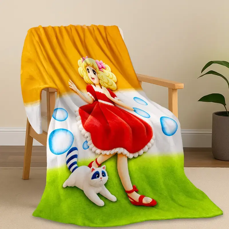 Colorful Cartoon Girl Cat Flannel Blanket, Cute Retro Anime Throw Blanket, Soft Plush Fleece Bed Blanket, Aesthetic Cozy Room Decor Gift