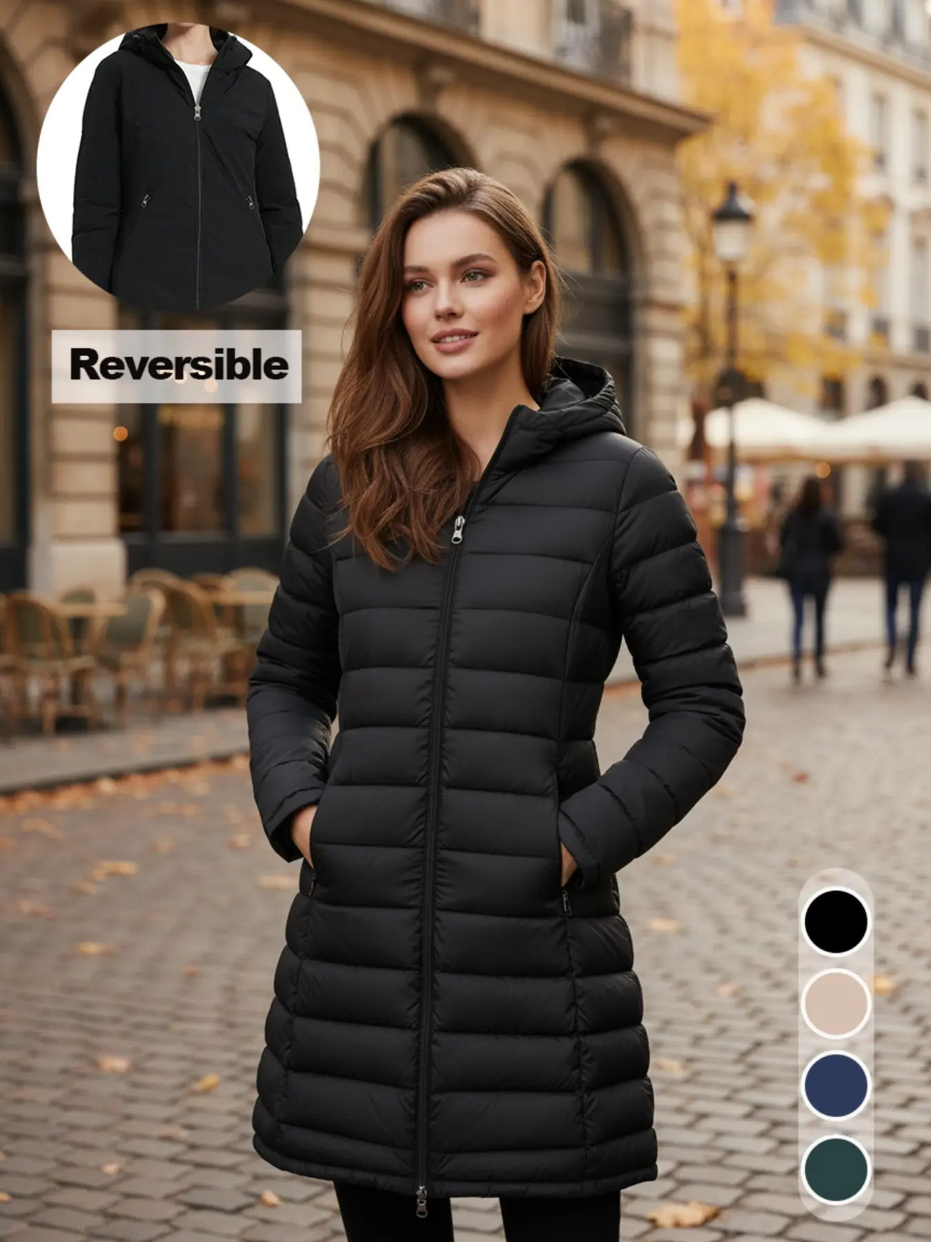 Women's Warm Fashion Mid-Length Waterproof Hooded Reversible Coat, Casual Style Fall & Winter Wear, Comfortable Daily Commute Outerwear