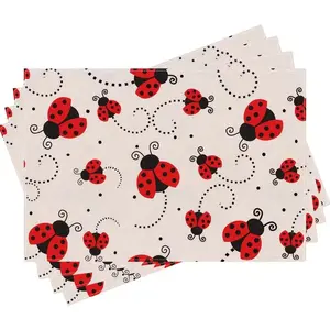 2D flat printing, 2-piece/4-piece/6-piece/8-piece cute cartoon red ladybug placemat, 12 X 18 inch anti slip and heat-insulating placemat, washable table mat, suitable for dining tables, kitchens, festivals, parties, home decoration