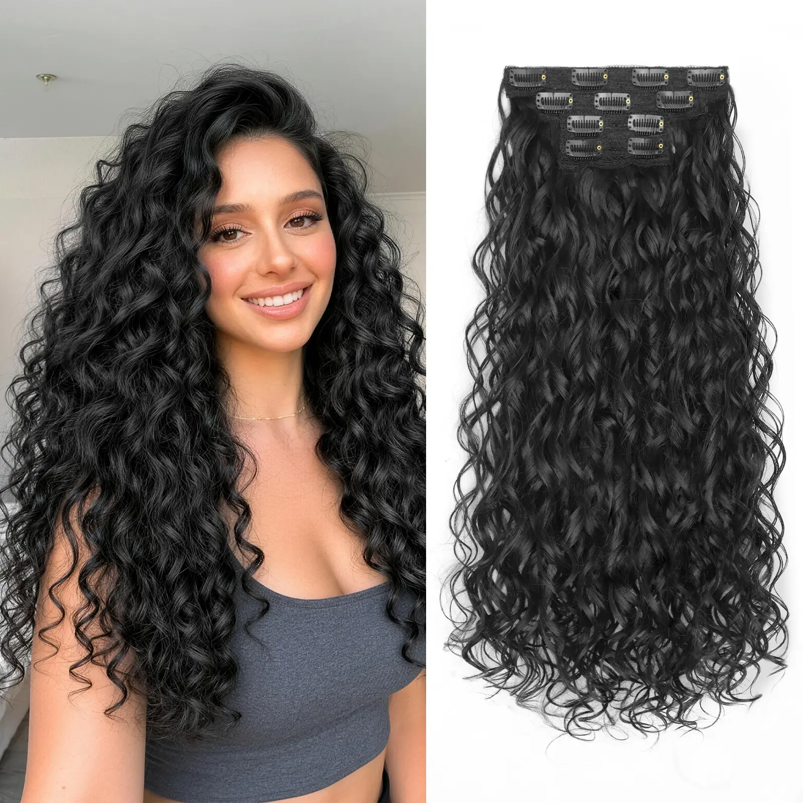 Kookastyle 20 Inch Curly Clip In Hair Extensions 4PCS, Synthetic Fiber Hair Extensions for Women, Lightweight Seamless Blend Voluminous Layered Curls for Daily Wear & Special Occasions