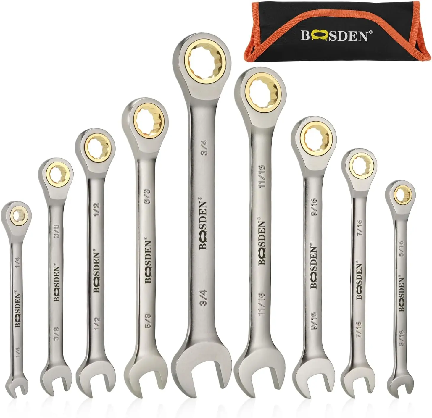 BOOSDEN 9-Piece 1/4-3/4" SAE Ratcheting Combination Wrench Set | High-Carbon Steel Combination Ratcheting Wrenches, Ideal for Auto Repair, Mechanical, Household, Garage and Boat Maintenance
