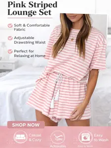 Women's Pink & White Striped 2-Piece Loungewear Set, Soft Knit Oversized Short Sleeve Top & High Waisted Tassel Drawstring Shorts, Casual Pajama for Home, Daily Wear.