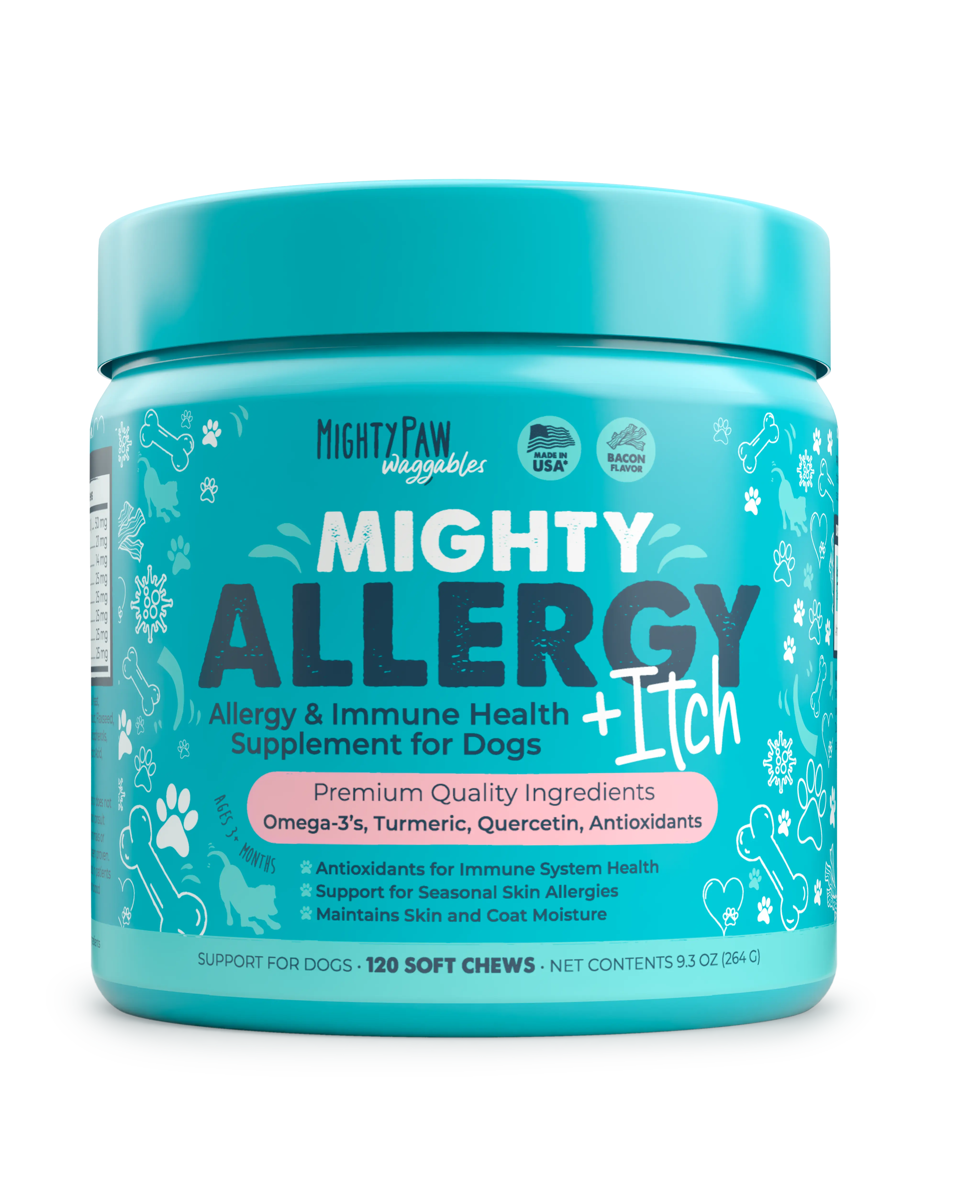 Mighty Allergy + Itch Chews for Dogs - Allergy and Immune Support - 120 Soft Chews with Omega 3, Turmeric, Quercetin and Antioxidants