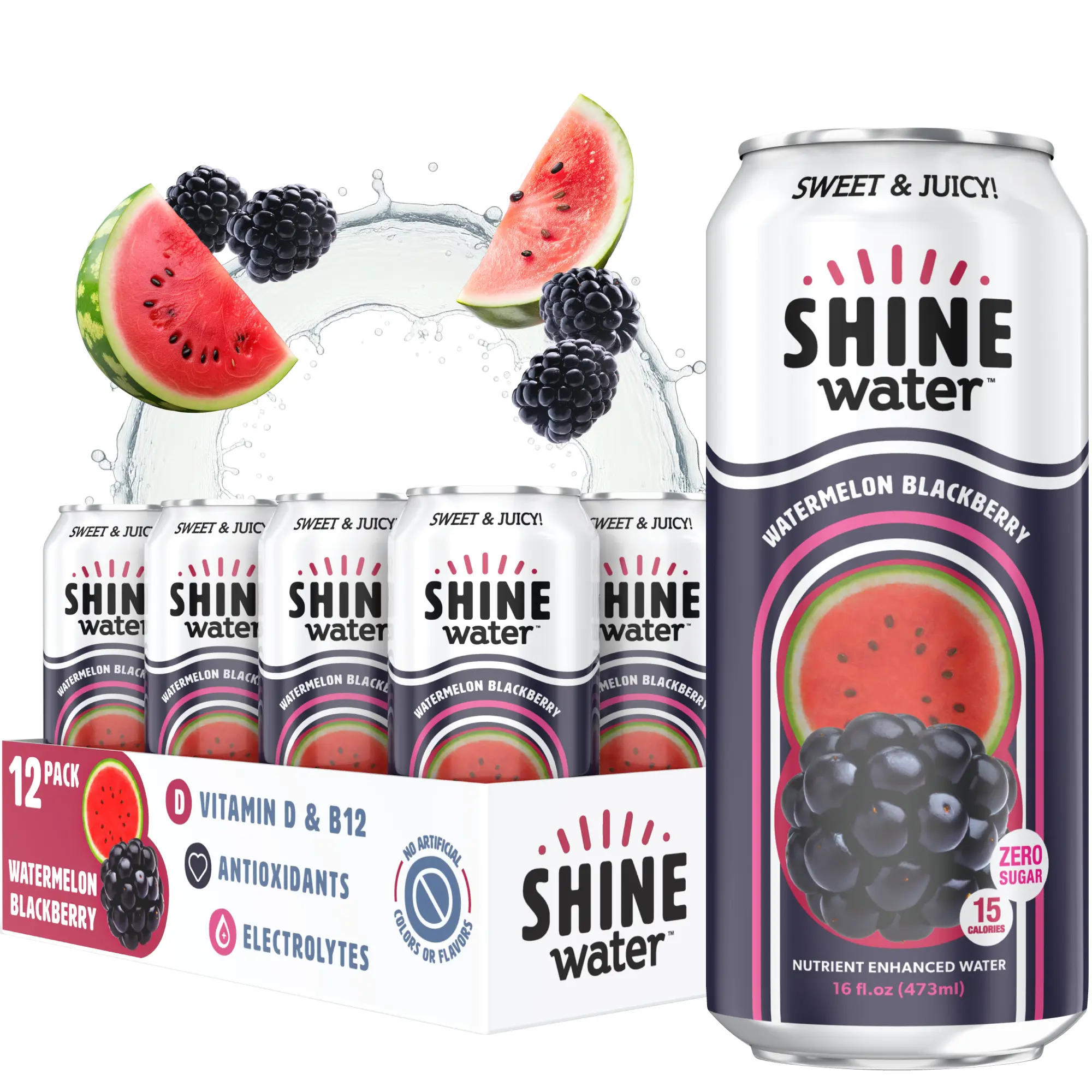 ShineWater Watermelon Blackberry Natural Vitamin-Enhanced Sport Drink - 12 Pack, Sugar Free, Low Calorie, Plant-Based Electrolyte, Sweet & Tangy, Gluten-Free, Kosher-Certified, Made in USA for Youth System Recovery & Hydration
