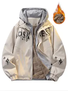 Tiktok Trendy American Streetwear Faux Two-Piece Fur-Lined Jacket, Dark Print Winter Warm Coat, Must-Have for Fashionistas, Fit, Long Sleeves