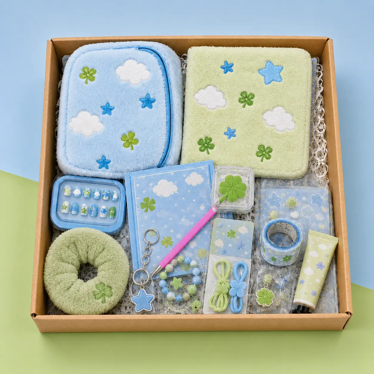Millobox 15–20 Piece Blue and Green Plush Pencil Case and Hand Towel Gift Set with Hair Accessories, Mini Notebook, Stickers and Daily Accessories, Ready-to-Gift Set for Birthday, Halloween and Christmas