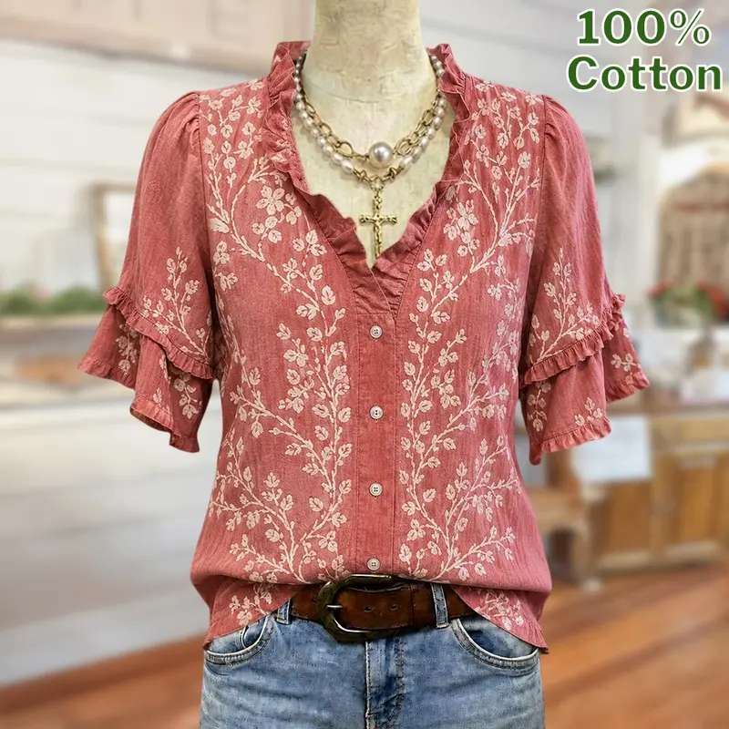 Sage Vell Women's 100% Cotton Vintage Clothing Blouse - Feminine Floral Print, Ruffled V-Neck, Button-Front, Buttons, Tiered Sleeves, Soft Retro Vibe, Loose Fit Fabric Tops & Shirts