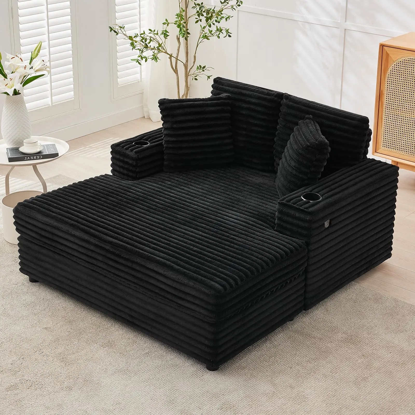 Garvee Chaise Lounge Chair Large Size for Indoor, Comfortable Velvet Sofa 56 x 60 Inches, with Charging Ports and Cup Holders, Cozy Reading Sofa for Bedroom, Living Room