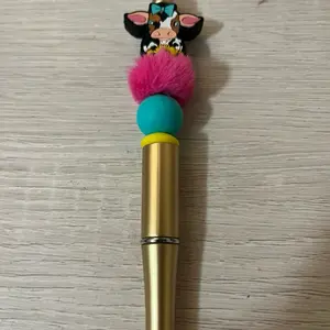 Highland Cow Gold Pen with Pink Pom Pom & Teal Ball Topper for Fun Writing
