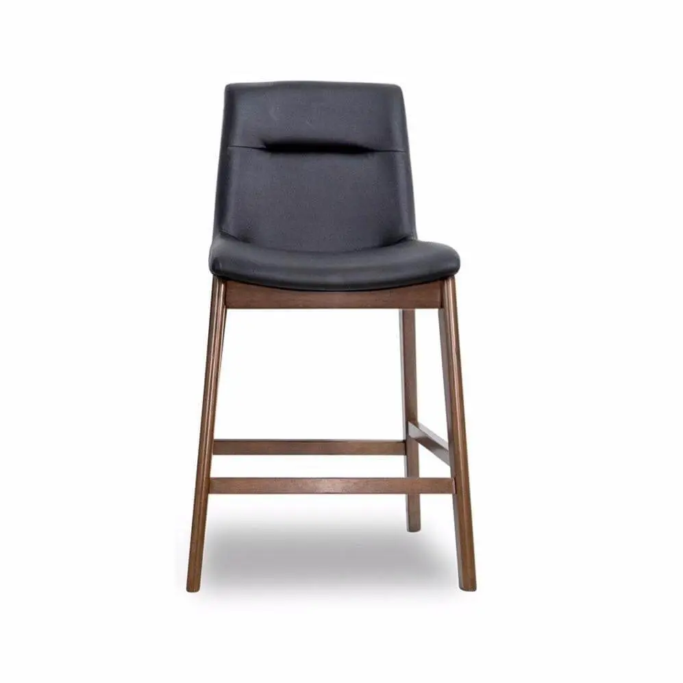 Danilo Black Leather Counter Height Stools - Set of 2 Indoor Use Barstools with Brown Walnut Accents, Graphic Lines, and Form-and-Function Blend