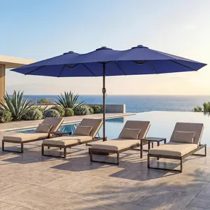 【15/13FT Solar Lights with Base】LAUSAINT HOME Large Patio Umbrella,Heavy-Duty Iron Frame with Base  with 36 Solar LED Lights&Base Umbrella, Hand Crank Opening, Sandbags for Yard/Garden/Park ,summerwins Outdoor Canopy Shelter Adjustable Canopy