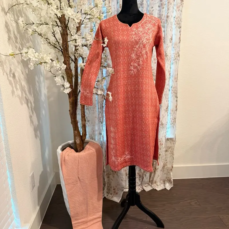 Woolen Knitwear kurtha set in Coral Color with Embroidered Design