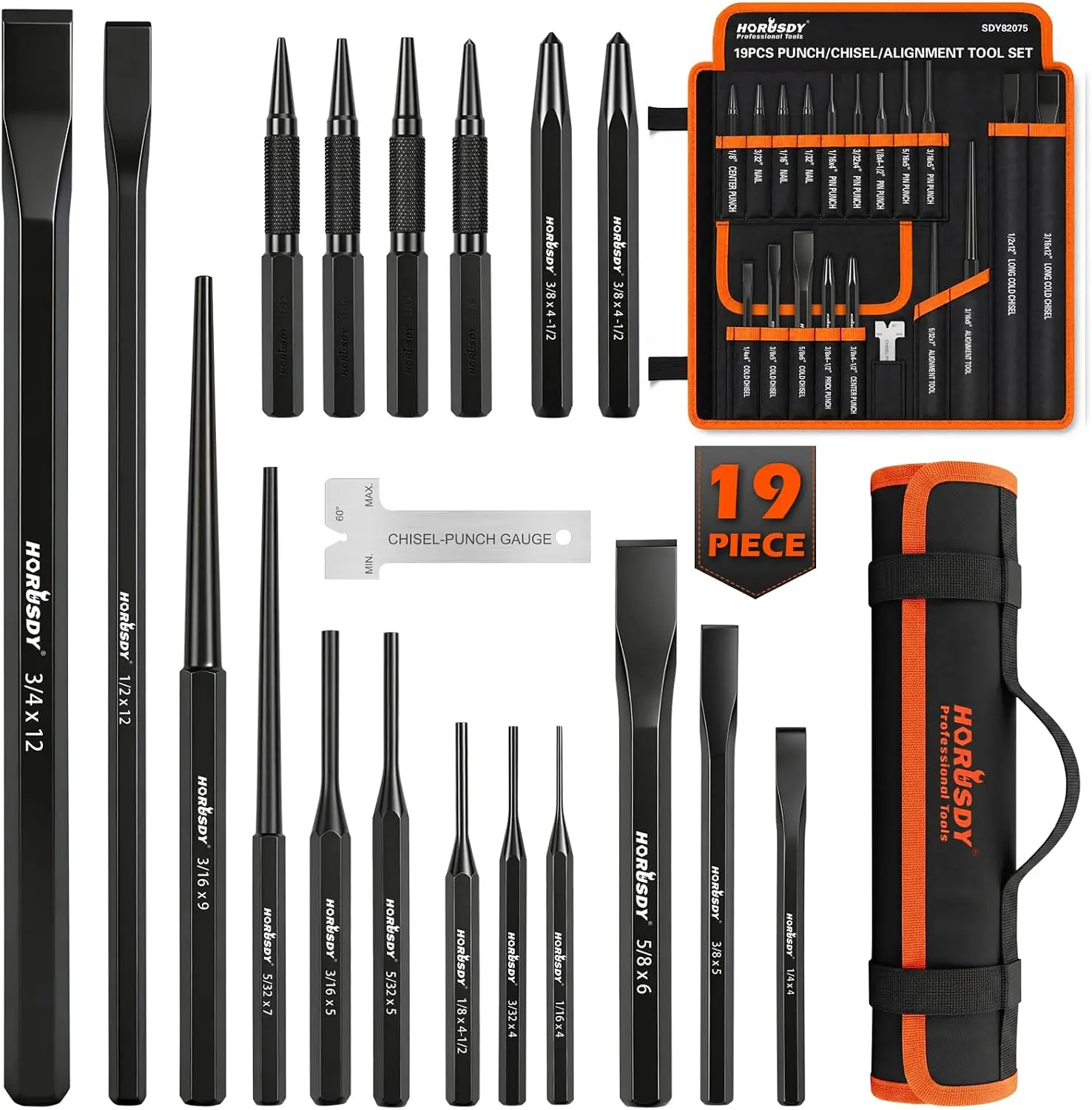 19-Piece Punch and Chisel Set, Pin Punches, Center Punch, Alignment Tools | Long Cold Chisels, Nail Punches, Chisel Gauge, CR-V Steel Construction, Rolling Pouch for Woodworking and Metalworking