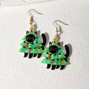 Christmas Tree Black Cat Earrings 2D Flat Acrylic Creative Funny Cartoon Animals Cute Cat Earrings Christmas Personality Gift