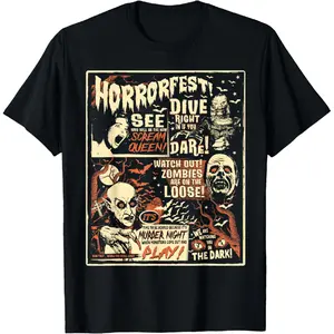 100% Cotton Vintage Horrorfest Poster Halloween Movie Old Time Horror T-Shirt