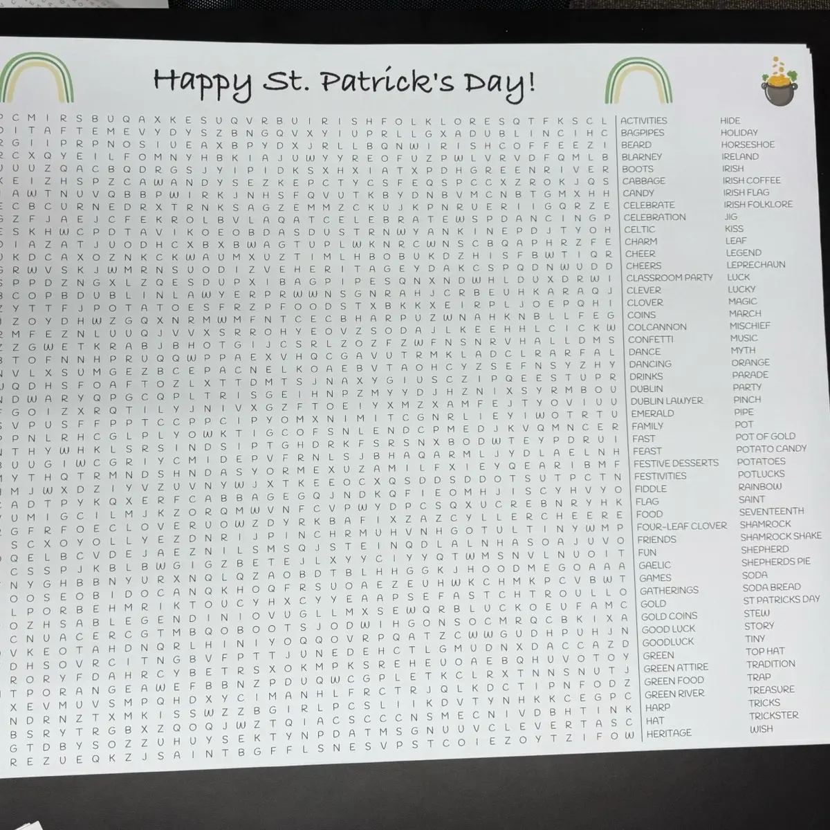 Giant 30”x42” St. Patrick’s Day Word Search with Various Activities for St. Patrick’s Day Celebrations
