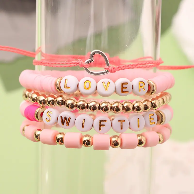 Pink Polymer Clay Bracelet Letter Beaded, Friendship Bracelet Taylor Music Fan Couple Love Bracelet, Stack Matching Bracelet, Fashion All-Match Boho Jewelry, Casual Fashion Streetwear Accessories for Back to School