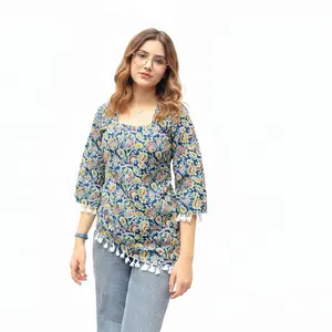 Indigo Floral Paisley Asymmetric Short Kurti with Tassel Lace
