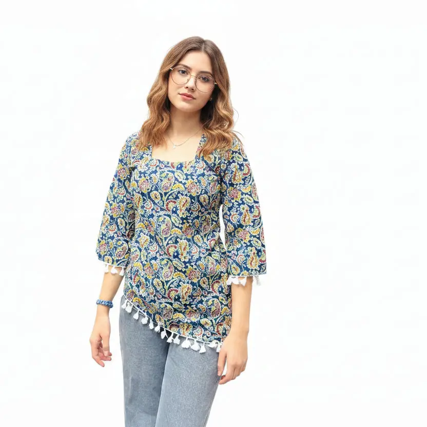 Indigo Floral Paisley Asymmetric Short Kurti with Tassel Lace