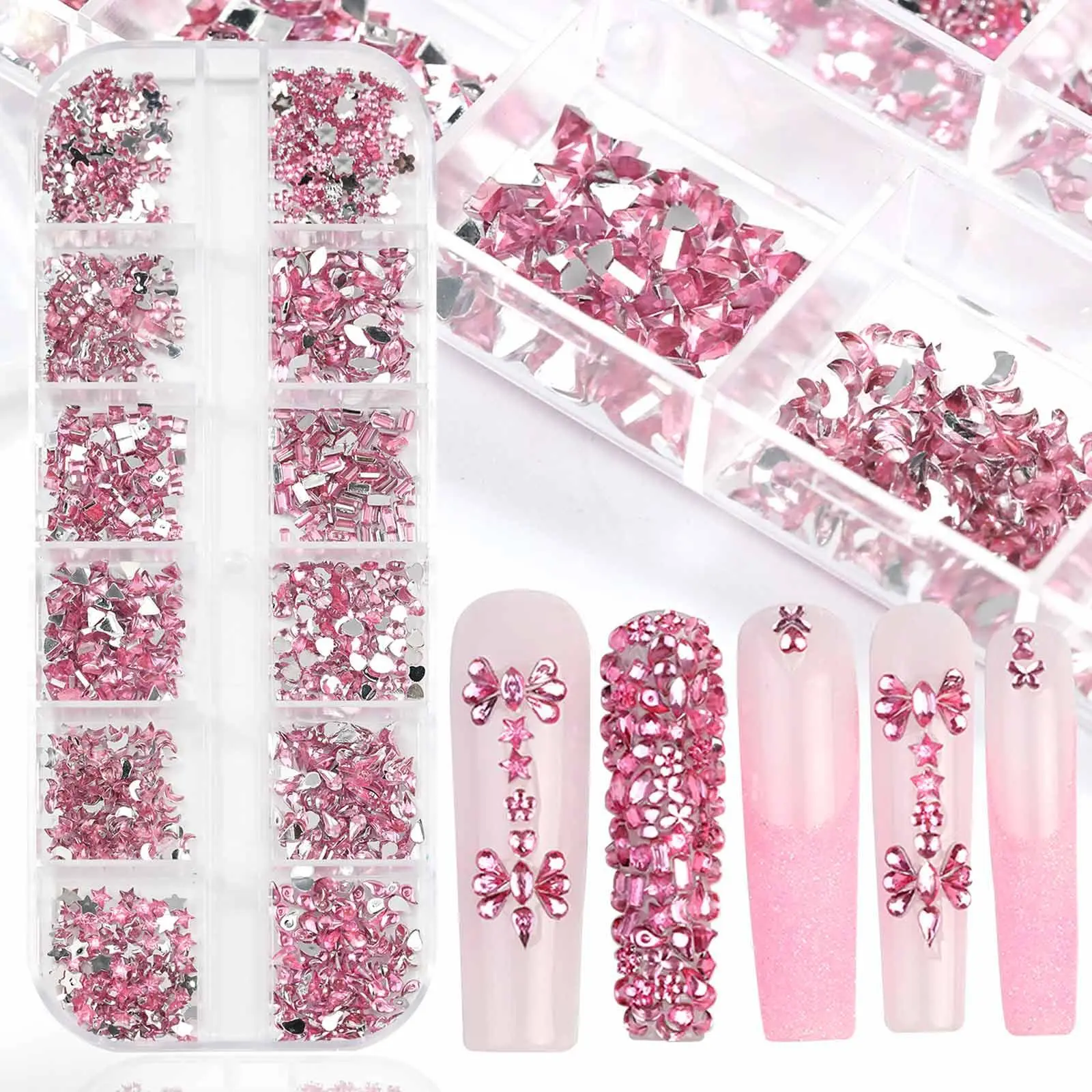 3D pink Crystal Rhinestone Nail Accessories 12 Boxes Flat Back Acrylic Stickers Nail Art Decorations Sequins
