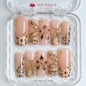 Younique Nails 2025 | MY Studio | Golden Safari | 10PCS 100% Handmade Press-On Nails | Reusable Colorful Art Glossy Design Acrylic Luxury Long Lasting 3D Stylish Office Wear Floral Embellished Rhinestone salon-quality