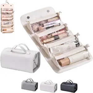 Leather Waterproof Cosmetic Bag Detachable 4 in 1 Travel Toiletry Bag with 4 Detachable Clear Compartment Roll up Makeup Bag Hanging Makeup Bag Leather Multi Compartment Cosmetic Bag (White)