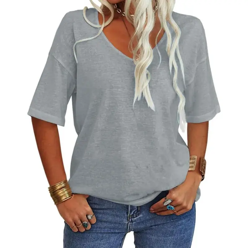 Imily Bela Women's Casual V-Neck Plain Half-Sleeve T-Shirt - Stretchy Loose-Fitting Soft Lightweight Tunic Top, Casual Stylish Tee, Simple Basic Aesthetic Neutral Women's T-Shirts for Easy Styling & Basic Outfit Ideas