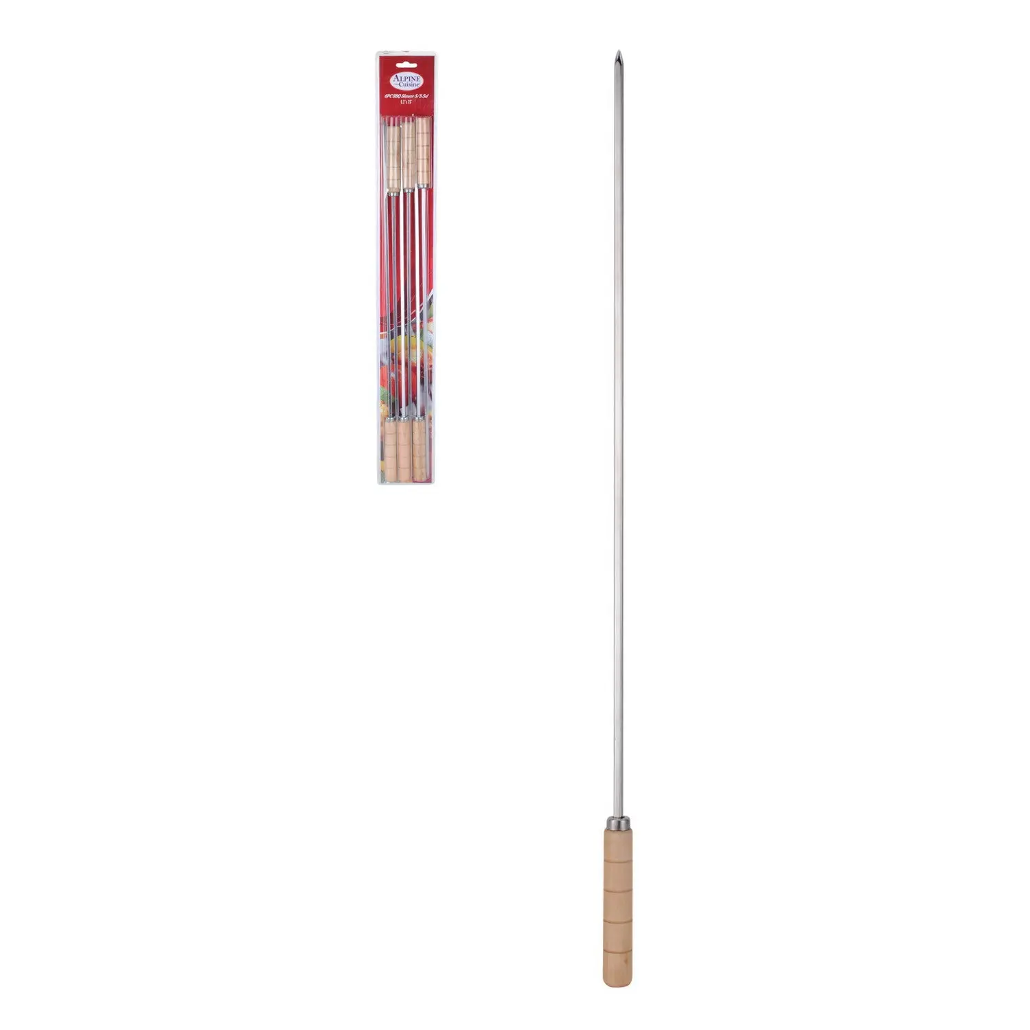 Alpine Cuisine Stainless Steel Barbecue Skewers 6pc Set with Comfortable Grip Nonslip Wooden Handle - Flat Skewer Heavy Duty Reusable &  Rust Resistant - Chicken & Beef Skewers - Easy to Clean