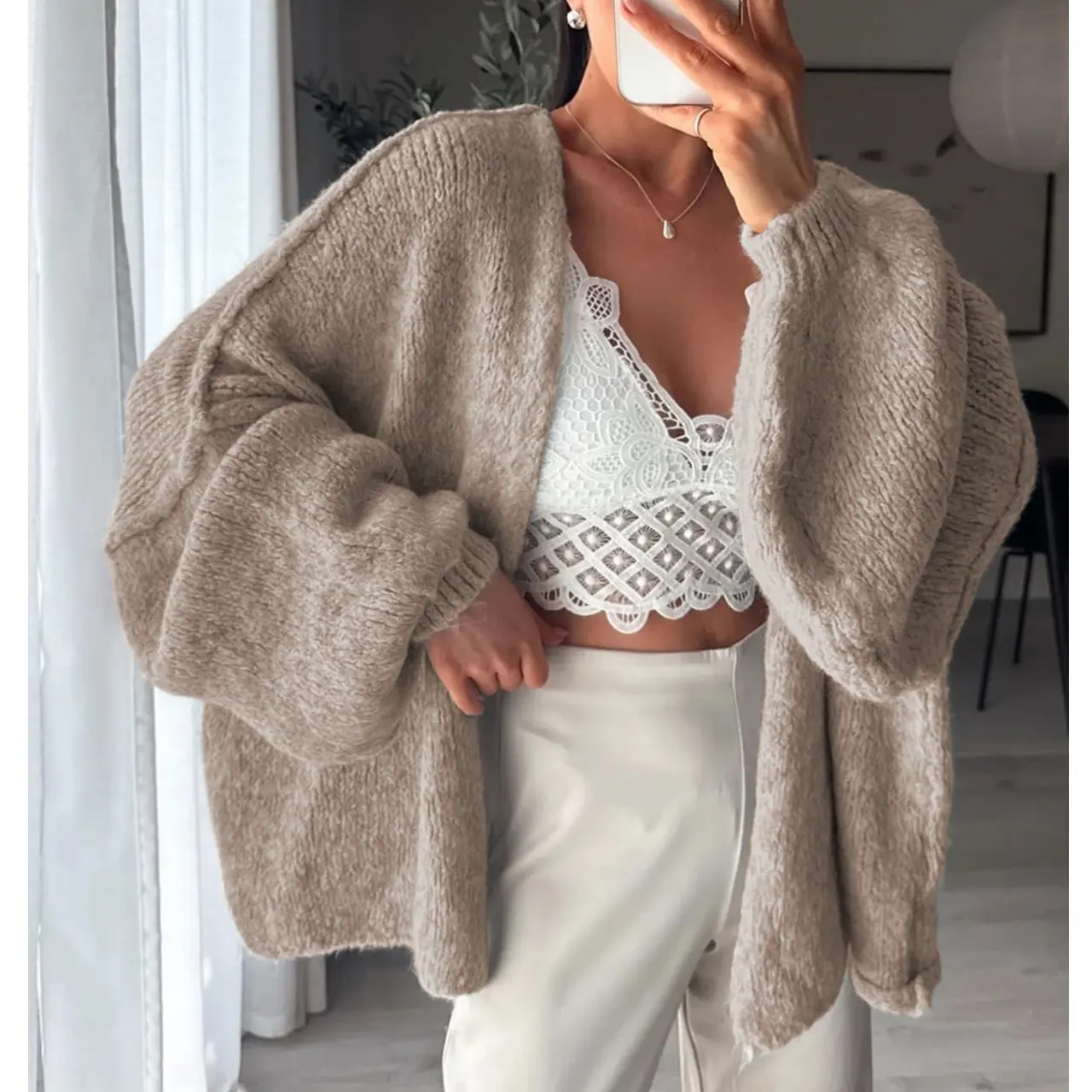 Trendy Oversized Cardigan Sweaters For Women Fall Fashion Long Sleeve Chunky Lightweight Knit Cardigans Winter Clothing Open Front Solid Color Crochet Lantern Coat Outfits Womenswear Garment Basic Knitwear Comfy
