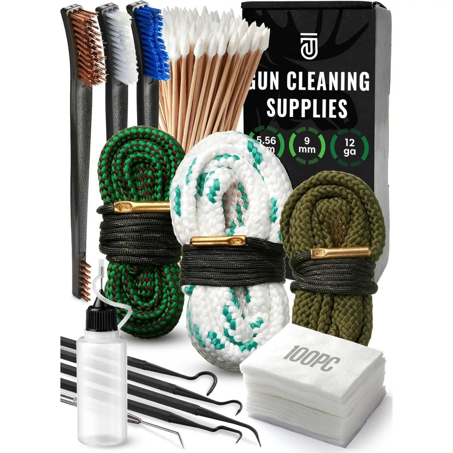 KDO Bore Cleaner Gun Cleaning Kit For 12Ga / 5.56 / 9mm Gun Cleaning Snake, Gun Cleaning Supplies Incl. Gun Cleaning Patches, 6-inch Gun Cleaning Swabs, Gun Brushes, Cleaning Picks, Needle Oil Applicator