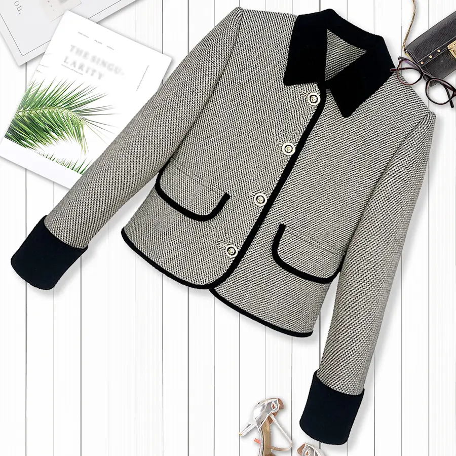 DUSHE Women's Elegant Fitted Houndstooth Tweed Blazer Jacket - Collared Contrasting Velvet Lapel, Long Sleeve Button-Up, Business Casual for Commuting Ladies, Women's Blazer Jackets