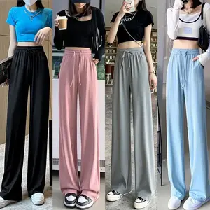 Women's ice silk wide-leg pants, high-waisted, loose-fitting, summer thin, floor-length casual pants, cropped straight-leg summer trousers
