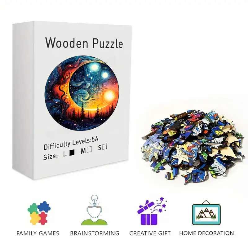Celestial Starry Night Moon Wooden Jigsaw Puzzle for Adults & Kids - Challenging Irregular Pieces, Swirling Galaxy Art, Stress Relief Brain Teaser, Framable Wall Art Home Decor