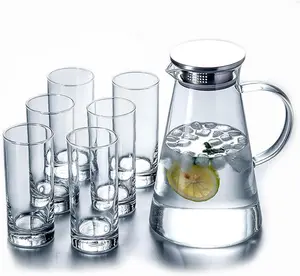 7-Pcs Glass Pitcher Set Jug with 6 Water Glasses Tumbler Cups Lid Carafe Jug with Spout Handle for Hot/Cold Tea Beverage