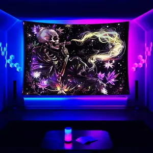 UV Black Light Reactive Wall Hanging Tapestry, Smoking Skull with Plant Leaves Smoke Design, Polyester Decorative Art, Knit Fabric, 85 gsm, for Dorm and Bedroom Decor, No Electricity Needed