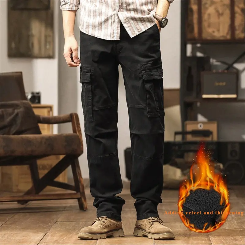 Men's Plain Cargo Straight Pants - Solid Color, Multi-Pocket, Fleece-Lined, Warm Thermal, Wear-Resistant, Durable, Comfortable Lined Winter Work Trousers for Outdoor Travel