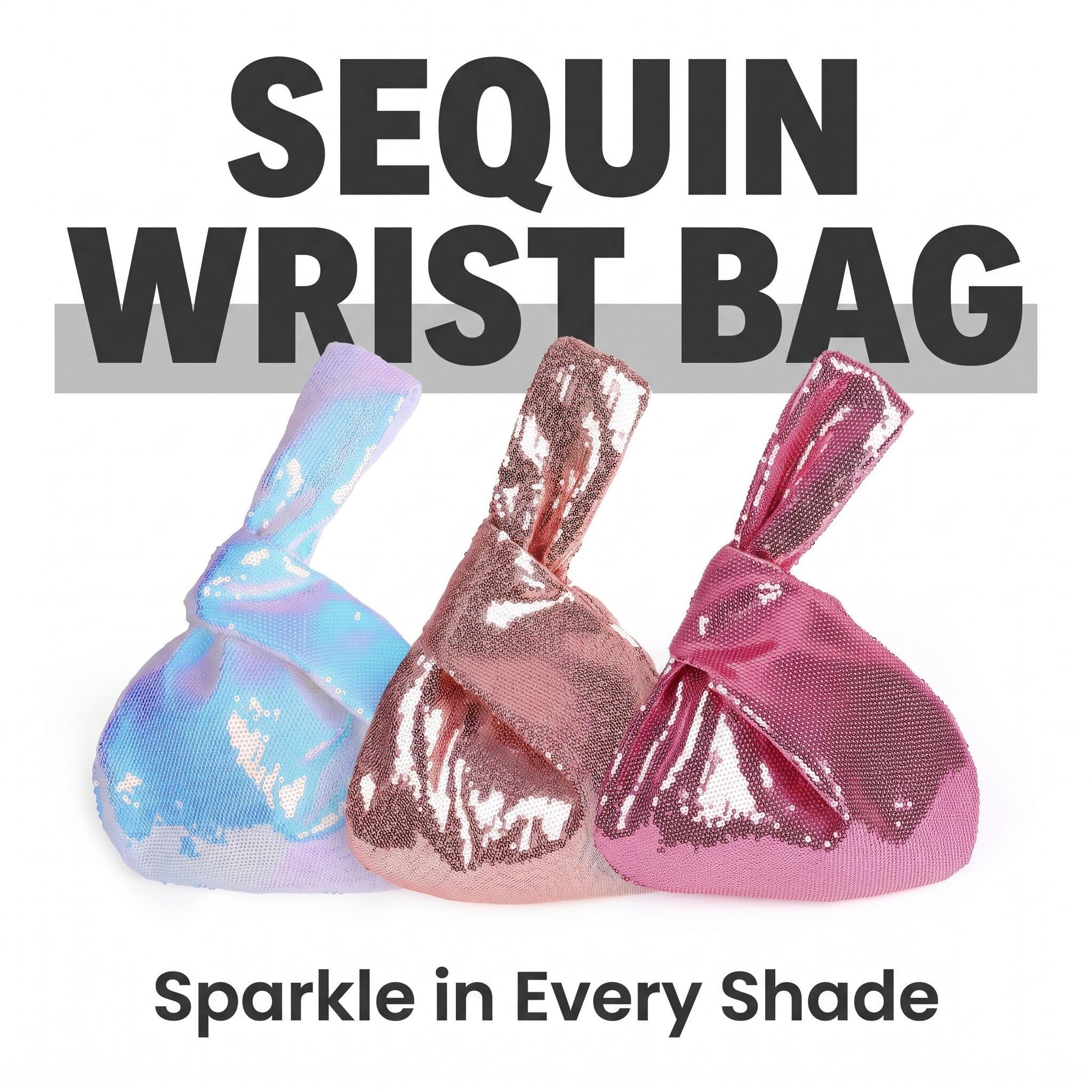 Eomenie Women's Elegant Iridescent Sequin Clutch, Small Lightweight Foldable Evening Bag with Tied Closure & Cute Knot Detail, Fashion Purses with Knot-Pouch Style for Casual Wear