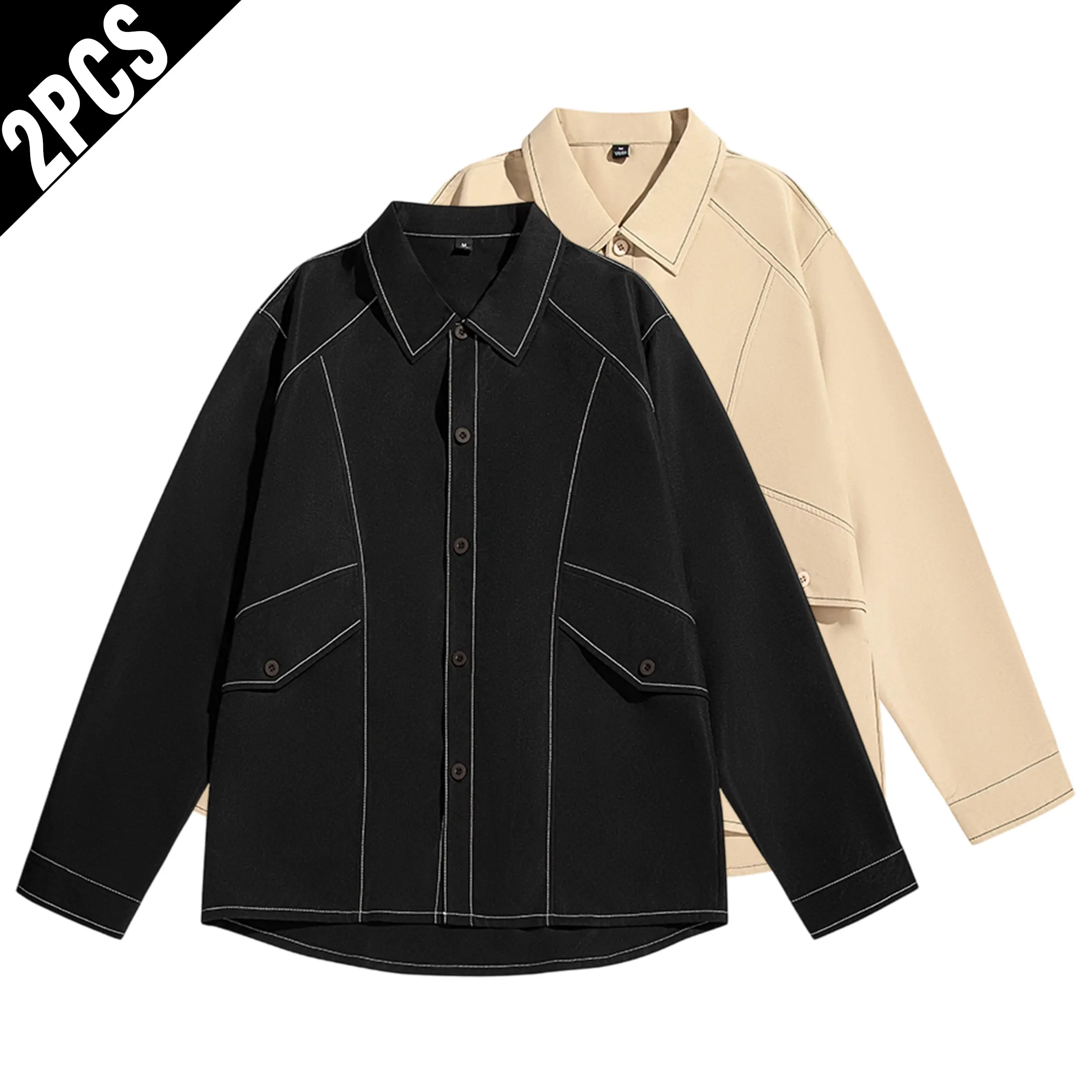 2 Pack Men Contrast White Stitching Lapel Collar Oversized Shacket, Button Down Dual Pocket Loose Casual Street Work Shirt Jacket Multipack
