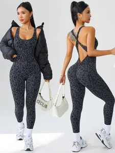 Seamless Knitted Leopard Print Women's Backless Sports Jumpsuit, Outdoor Cycling Sportswear, Sporty Jumpsuit, One-Piece Yoga Suit, Above the Ankle, All Seasons