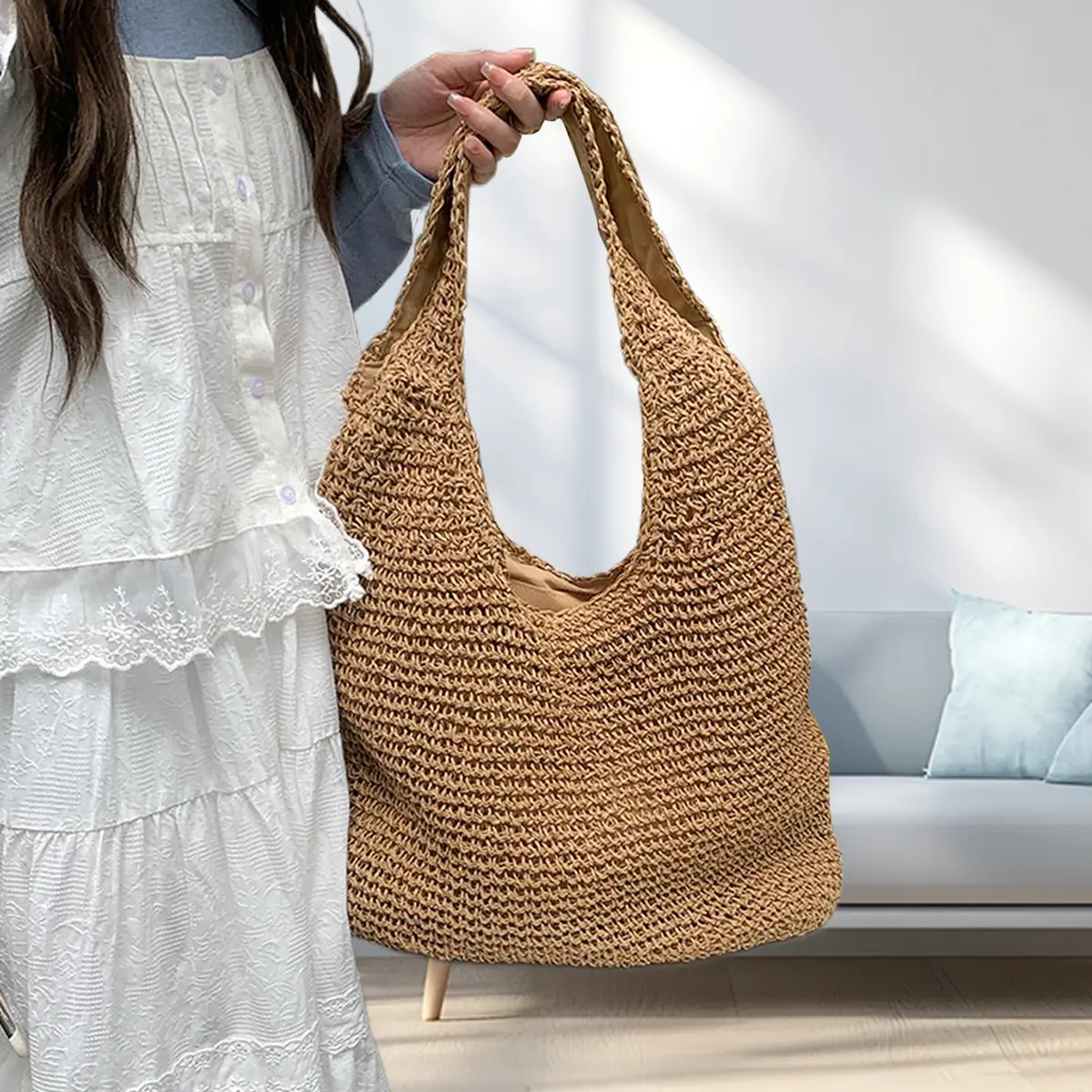 Women's Woven Straw Beach Tote Bag - Stylish Medium Soft Shoulder Purse, Beach Aesthetic Double Handle Bag for Summer Vacation Shopping, Beach Aesthetic Women's Tote Bags, Double Handle Women's Tote Bags