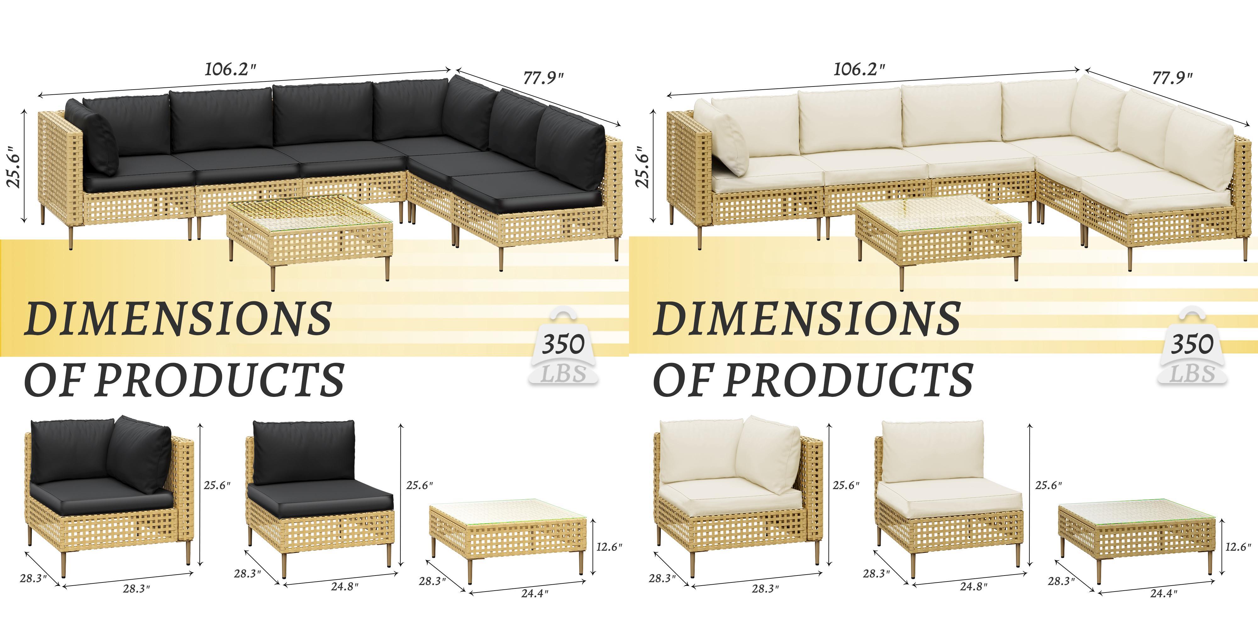 7 Pieces Sofa Modular Patio Wicker Sofa Set - Easy-to-Assemble All-Weather Couch with Comfortable Cushions & Glass Coffee Table, Ideal for Outdoor Relaxation & Entertaining Summervibes