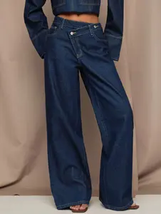 Women's Casual Washed Asymmetric Waist Wide Leg Jeans,Business Casual Woman,Work Pants,Wide Leg Jeans,Going Out,Fall Clothes For Women,Dark Blue Wide-Leg Denim Pants,Casual Trousers,Old Money Women