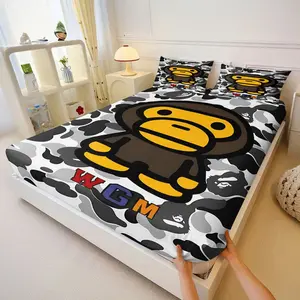 3Pcs Camouflage Fitted Sheet Set, Bed Sheet Sets, Featuring Cartoon Monkey Design with Bold Colors, Durable Fabric, Perfect for Urban Bedrooms and Home Decor, Includes 1 Fitted Sheet, 2 Coreless Pillowcases