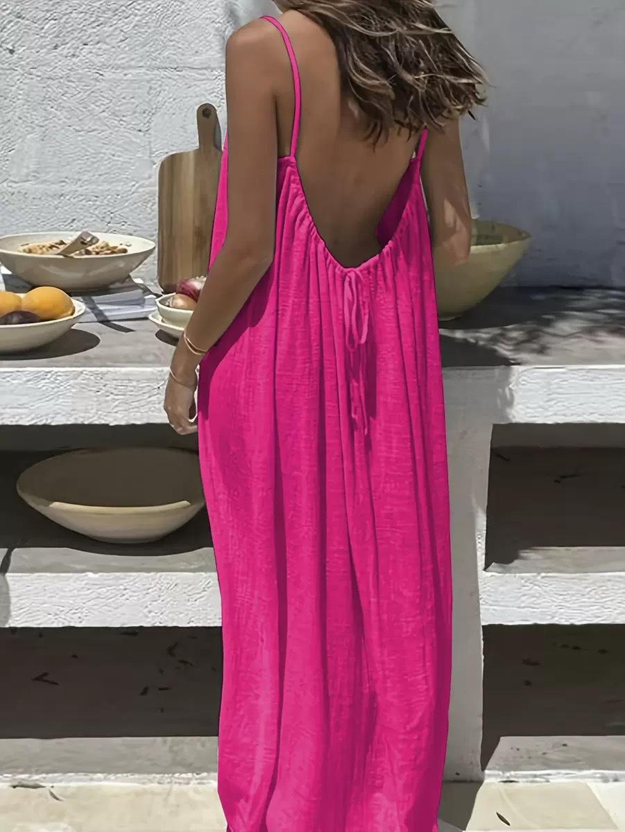 2026 New women’s Backless Cami Lounge Dress, Loose Fit Sleeveless Long Sundress, Elegant Summer Sleepwear, Homewear & Beach Cover-Up, Solid Color Back Tie Dress