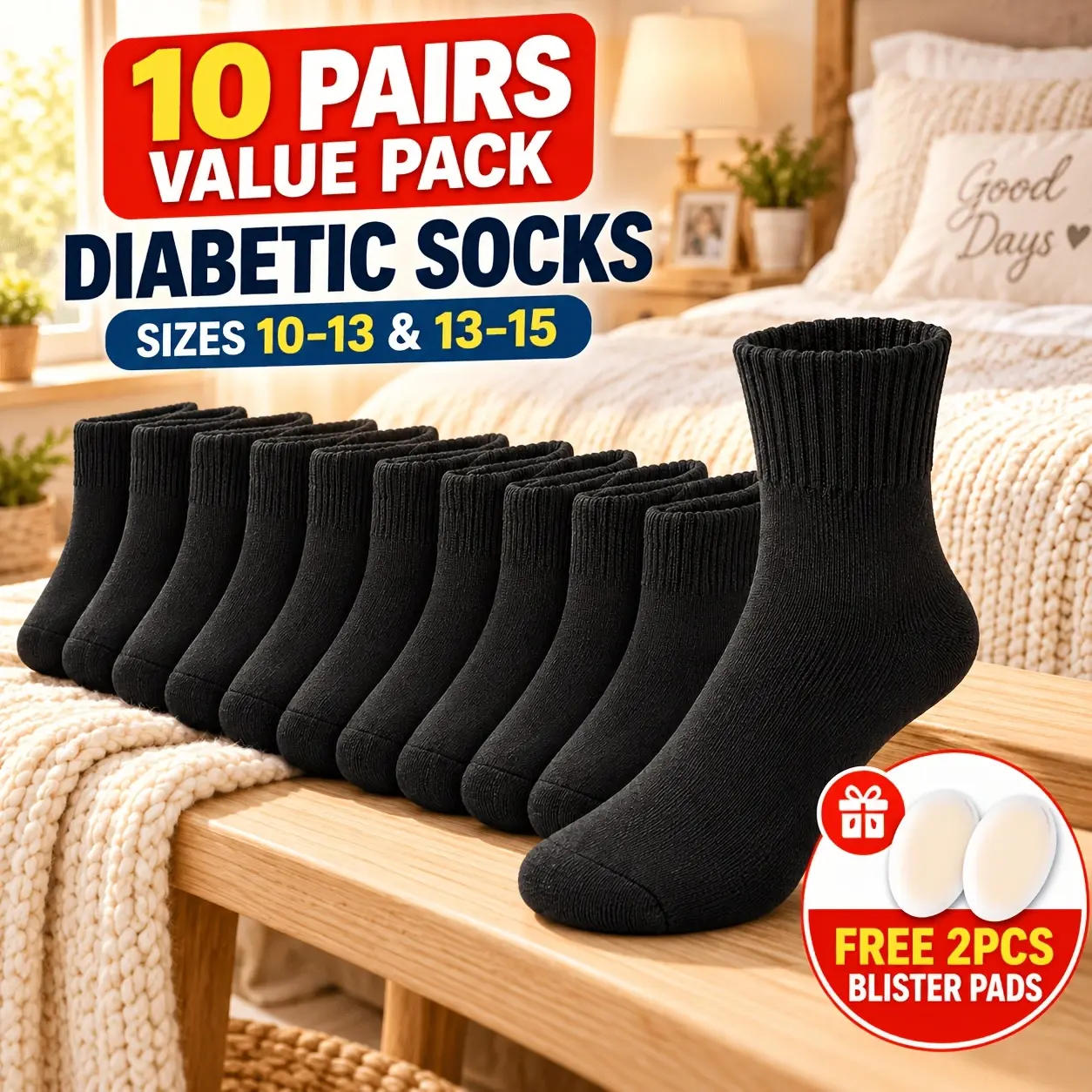 10 Pairs Unisex Diabetic Crew Socks, Non-Binding Extra Wide Stretch Loose Fit Breathable Cotton Blend Seamless Toe Everyday Casual Socks with 2 Hydrogel Blister Pads (Reg, Black)