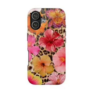 Hibiscus Flower Cheetah Print Phone Case, Full Color Durable Phone Case for Men & Women, Trendy Case Protection Leopard Print Glamour